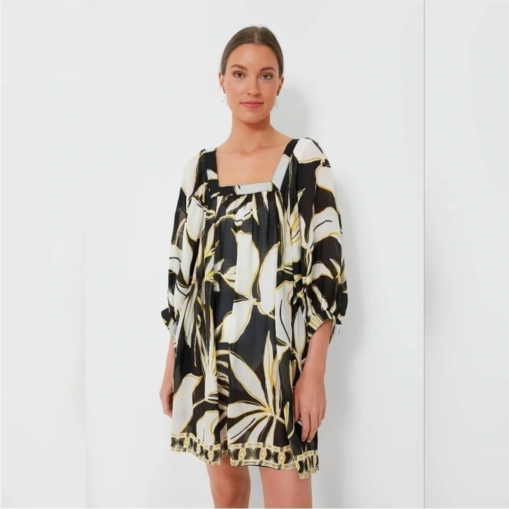 Tuckernuck Dress Mod Iris Coverup Balloon Sleeve Mini in Black Gold